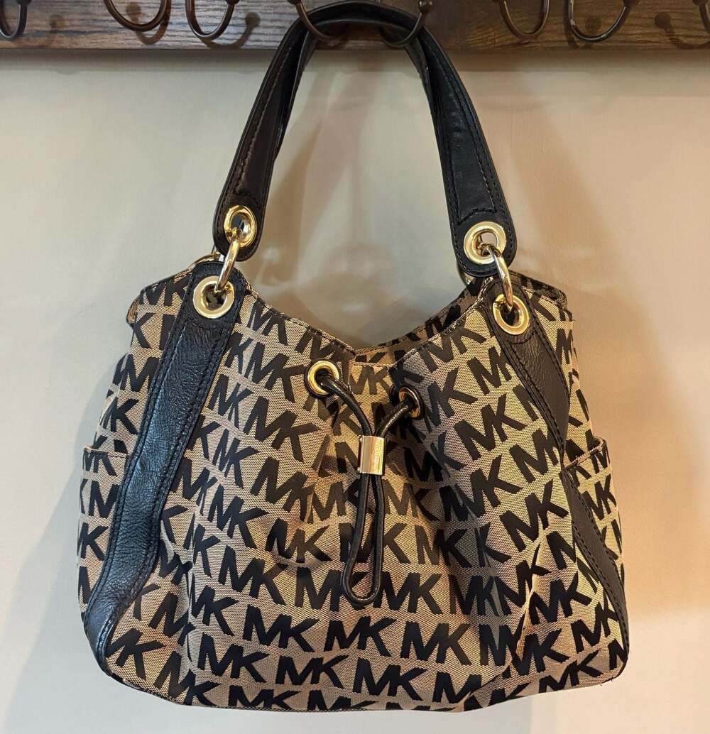 MICHAEL Michael Kors Ludlow Drawstring Monogram Shoulder Bag Black Beige